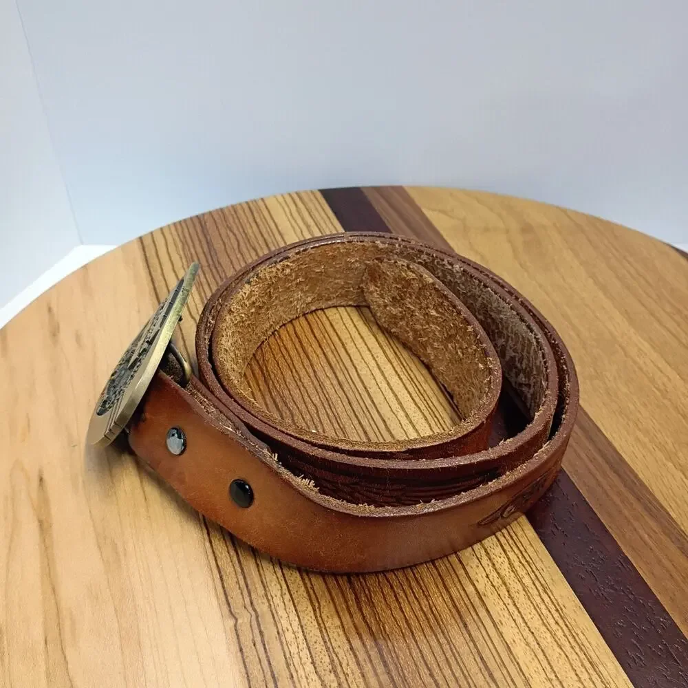 Oh Boy! Oberto Beef Jerky Belt Brass Buckle Eagle Tooled Leather Belt Size 40